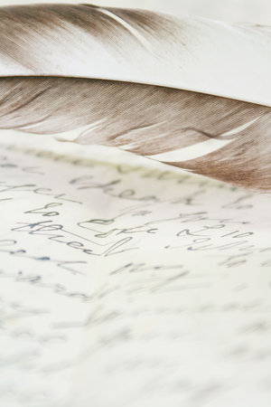 Detailed close up image of a section of a hand written parchment letter with the feather of a quill...
