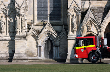 The front end of a Fire Truck, outside Salisbury Cathedral in Salisbury, Wiltshire England. 