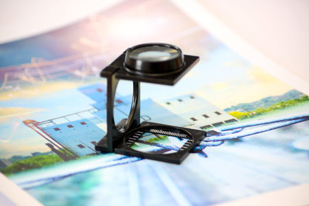 A printers eye glass over a coloured photograph set on a landscape format image.の写真素材