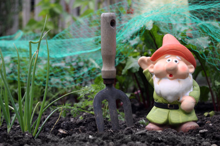 A small decorative handmade garden gnome with an orange hat a white beard and a green tunic. Set against a backdrop of a vegetable patch on a landscape format. の写真素材
