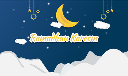 Ramadan Kareem Greeting Card with Moon and Clouds. Vector Illustrationのイラスト素材