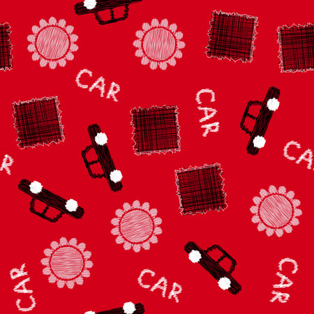 Seamless pattern for children with cars and geometric shapes of scribble style. Kids texture designs can be used for backgrounds, motifs, textile, wallpapers, fabrics, gift wrapping, templates. Vectorのイラスト素材