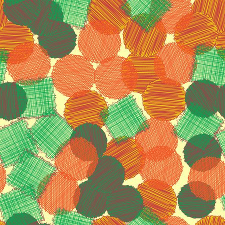 Seamless pattern with circles and squares of scribble style. Kids texture designs can be used for backgrounds, motifs, textile, wallpapers, fabrics, gift wrapping, templates. Vector.のイラスト素材