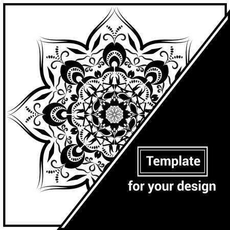 Vector decorative layout design with mandala. Black and white ornament. Template for your design.のイラスト素材