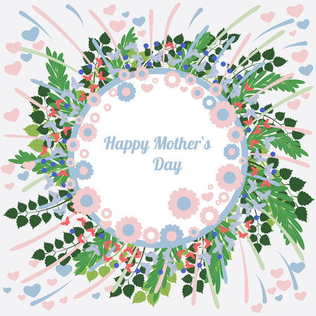Decorative round frame of branches with leaves. Frame of green leaves for decoration. Floral card for greetings or invitations. Vector illustrationのイラスト素材