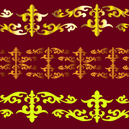 Set of 3 seamless border with motifs of Kazakh, Kyrgyz, Uzbek, national Asian decor for borders, textile, plate, tile, and print design. Workpiece for your design.のイラスト素材