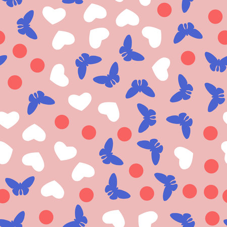 Seamless pattern with hearts and butterflies for textiles, wallpaper, printed products, holiday cards, Valentine's Day, wedding invitations. Vector illustration.のイラスト素材
