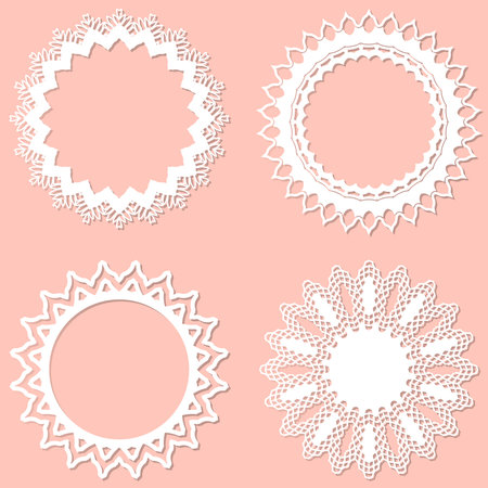 Set of 4 round frame with swirls, vector ornament, vintage frame. White frame with lace for paper or wood cutting. Doily ornament. Round decor pattern.のイラスト素材