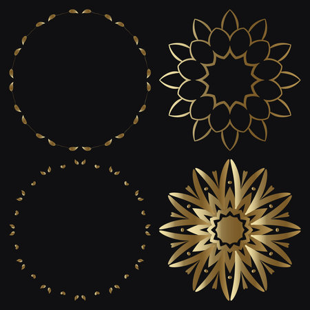 Set of 4 Luxury ornamental element design and frame gold color on black background. Design template for wallpaper. Isolated ornament. Vector Illustration.のイラスト素材