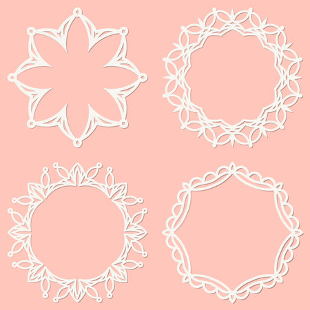 Set of 4 round frame with swirls, vintage frame. White frame with lace for paper or wood cutting. Doily ornament. Round decor pattern. Ornamental Frame with Curly Border decoration. Vector.のイラスト素材