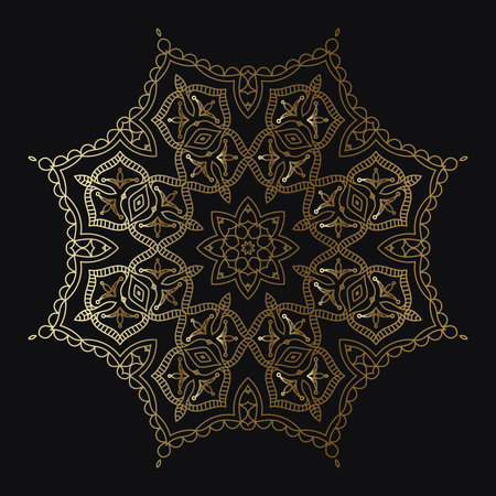Decorative Round Pattern of gold color on a black background. Ornamental pattern for cafe, restaurant, shop, print, stamp, elegant card. wedding invitations; Isolated element. Vectorのイラスト素材