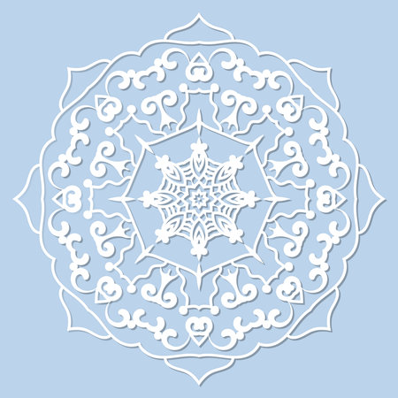 Mandala, lace paper doily, embossed pattern, 3D, round element. Paper cut out design, laser cut template. Vintage lace doily with border. Floral round napkin for your design.のイラスト素材