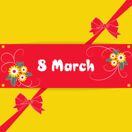Banner, flyer, beautiful postcard for March 8 on a yellow background with red decorative bows. International Women's Day. Flyer for March 8 with the decor of flowers. Vector illustration.のイラスト素材