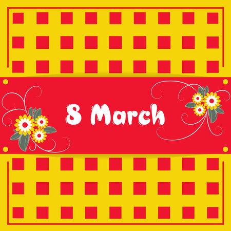 Banner, flyer, beautiful postcard for March 8 on a yellow background and red squares. International Women's Day. Flyer for March 8 with the decor of flowers. Vector illustration.のイラスト素材