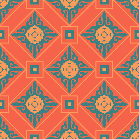 Seamless illustrated pattern made of abstract elements in beige, blue and orange
