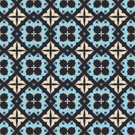 Seamless illustrated pattern made of abstract elements in beige, blue and black