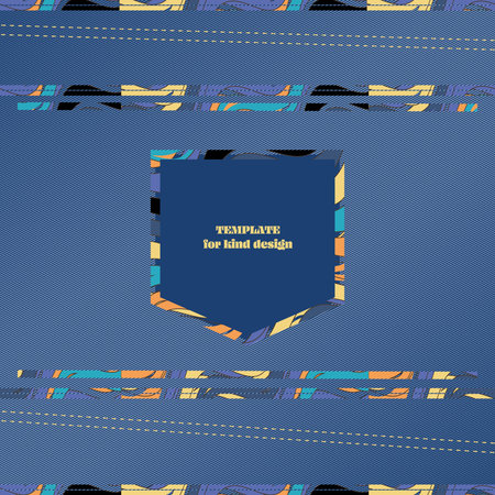 Kid's denim design with a pocket with colorful lines. Denim background with colored lines and pocket for books, flayer, packaging, boxes, and print design. Vector. children style.のイラスト素材