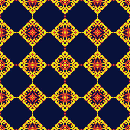 Talavera pattern. Indian patchwork. Azulejos Portugal. Turkish ornament. Moroccan tile mosaic. Ceramic tableware, folk print. Spanish pottery. Ethnic background. Mediterranean seamless wallpaper.のイラスト素材