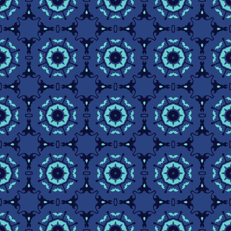 Seamless illustrated pattern made of abstract elements in blue and black