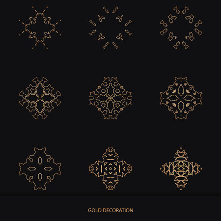 Set of 9 Luxury ornamental element design and frame gold color on black background. Design template for wallpaper. Isolated ornament. Vector Illustration.のイラスト素材