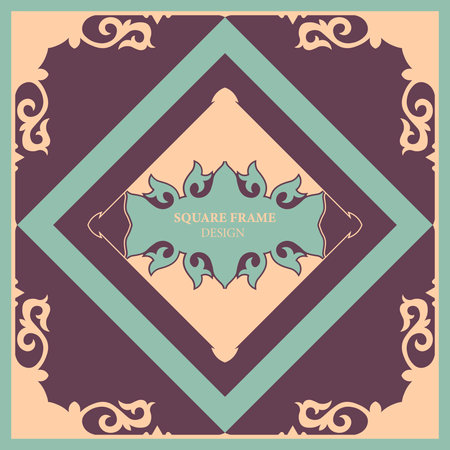 Square Template for your design. Ornamental elements and motifs of Kazakh, Kyrgyz, Uzbek, national Asian decor for packaging, boxes, banner and print design. Vector. nomad style.のイラスト素材