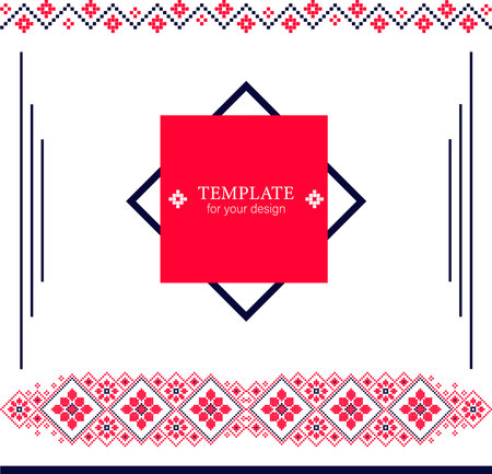 Square Template for your Design with Pattern in Russian and Ukrainian Style. Ornament. Background with decorative elements. Print with ethnic, folk, traditional motifs. Can be used for wallpaper, textile, wrapping, fabric, decoration.のイラスト素材