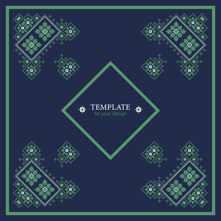 Square vector Pattern in Russian and Ukrainian style. Ornament. Background with decorative elements. Print with ethnic, folk, traditional motifs. Can be used for wallpaper, textile, wrapping, fabric, home textile, tile, scarfe.のイラスト素材