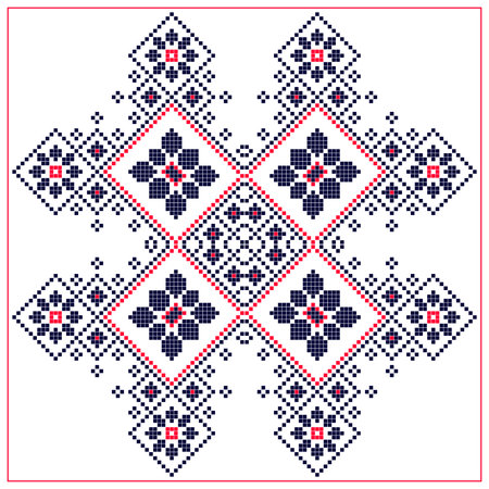 Square vector Pattern in Russian and Ukrainian style. Ornament. Background with decorative elements. Print with ethnic, folk, traditional motifs. Can be used for wallpaper, textile, wrapping, fabric, home textile, tile, scarfe and carpet.のイラスト素材