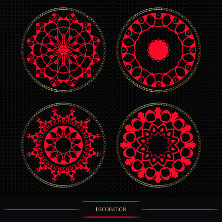 Set 4 of Round Frame on black background, workpiece for your design. Decorative ornamental elements and motifs for round plate, decor, textile and print design.のイラスト素材