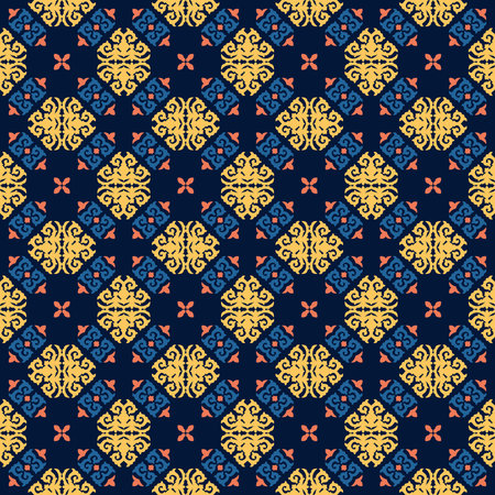 Decorative Asian folk seamless pattern. Repeating background in nomad style. Colored fabric swatch with surface design, minimal print on wallpaper, fabrics, gift wrap, templates. Vector.のイラスト素材