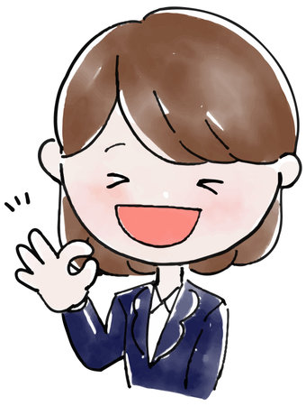 A woman in a suit with 6 facial expressions and poses (Brown hair semi-long hair): an okay mark with a smileのイラスト素材
