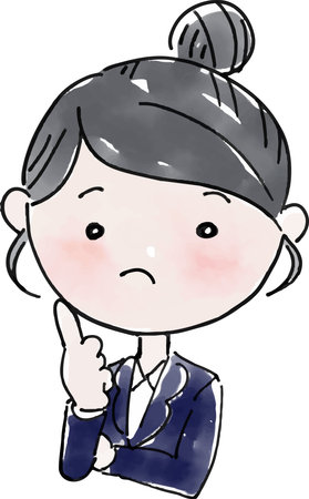 A woman in a suit with 6 facial expressions and poses (black hair and bun hair)	 :a thinking gestureのイラスト素材