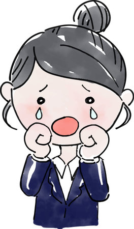 A woman in a suit with 6 facial expressions and poses (black hair and bun hair)	: a tearful figureのイラスト素材