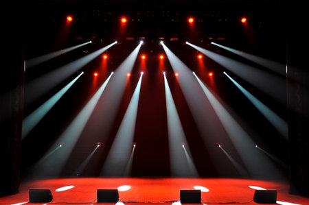 Free stage with lights, lighting devices as background.の写真素材