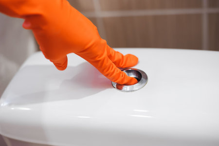 woman's finger pushing button and flushing toilet