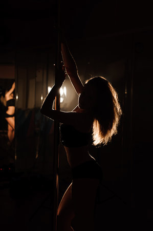 Young slim sexy pole dance woman in a studio.の写真素材