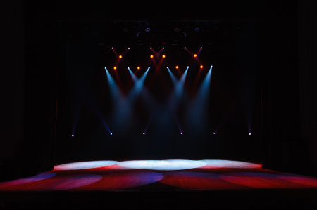 Free stage with lights, lighting devices. Background.の写真素材