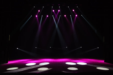 Free stage with lights, lighting devices. Background.