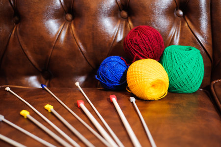 knitting wool and knitting needles, knitting equipmentの写真素材