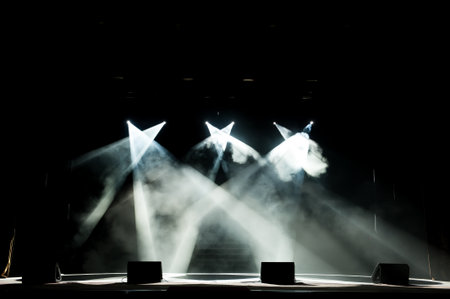 Free stage with lights, lighting devices. Night show.