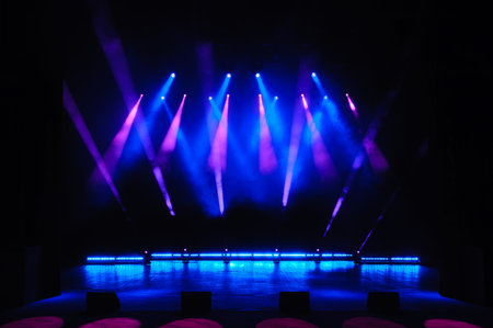 Free stage with lights, lighting devices. Night show.の写真素材