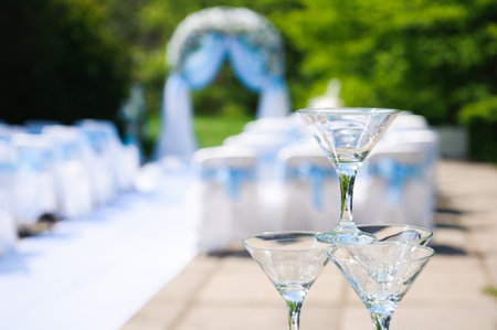 Wedding ceremony outdoors. Wedding ceremony decoration, beautiful wedding decor, flowersの写真素材