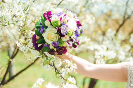 Wedding bouquet, bouqet of beautiful flowers on wedding dayの写真素材