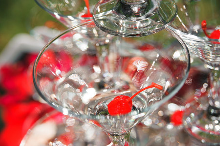 Pyramid of champagne outdoors in the parkの写真素材