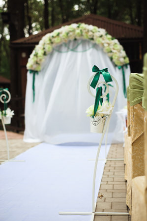 wedding ceremony decoration, beautiful fresh wedding archの写真素材