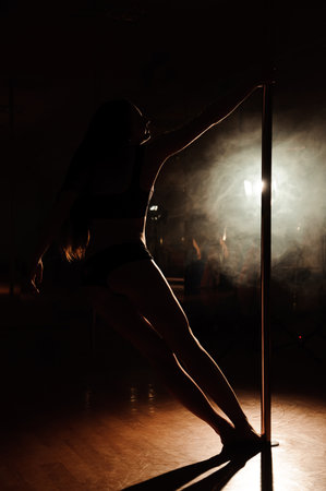 attractive sexy woman pole dancer performing in a smokeの写真素材