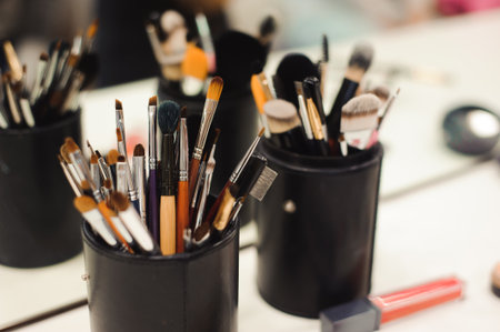 Professional makeup brush on the table. Makeup school.の写真素材