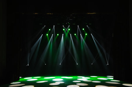 Free stage with lights, background of empty stage, spotlight, neon light, smoke.の写真素材