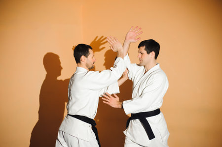 Fight between two aikido fighters in a sport gym.の写真素材
