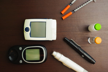 Blood sugar testing equipment. Health care and people conceptの写真素材